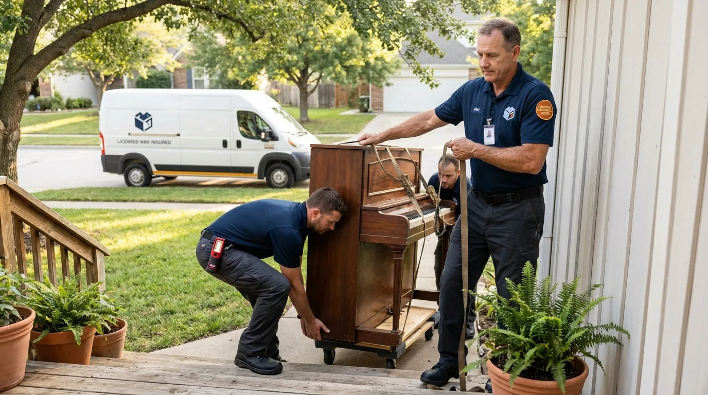 Licensed piano movers securing grand piano in Arnett, OK
