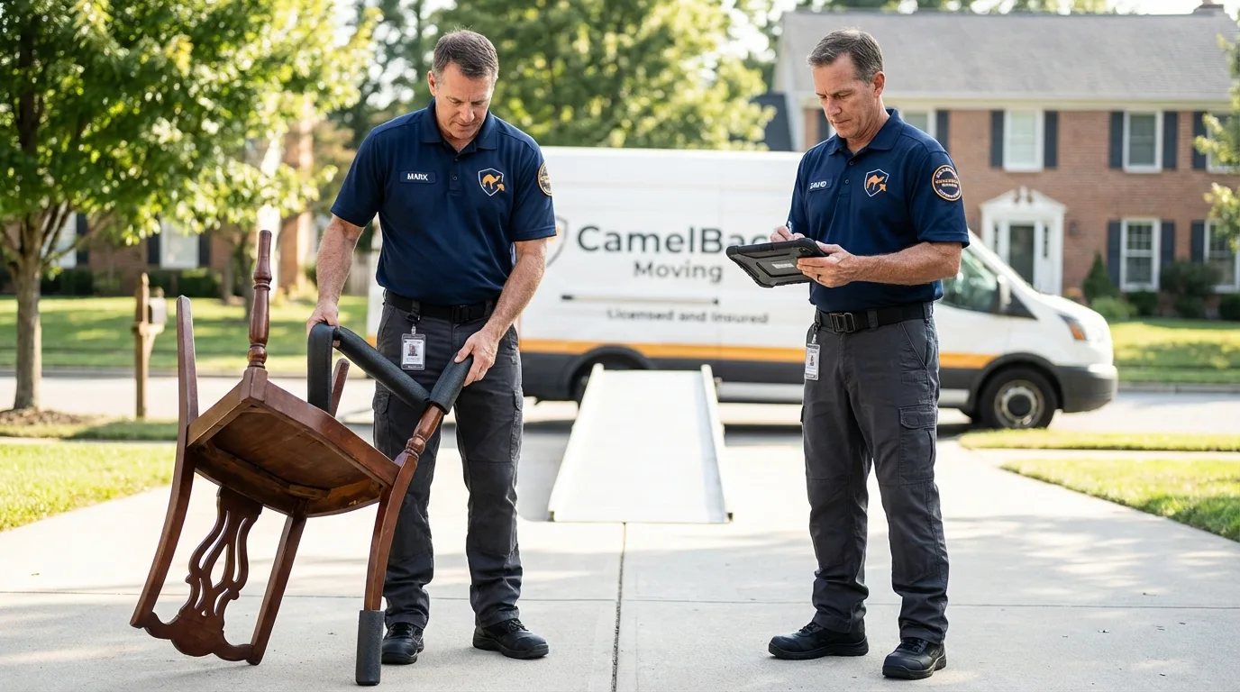 Movers inspecting furniture for damage prevention before loading in Arnett, OK