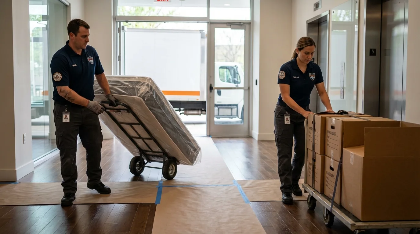 Professional apartment movers loading elevator in Arnett, OK